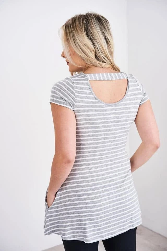 Latched Mama Nursing Peekaboo Back Tunic - Heather Grey Stripe - Image 2 of 4