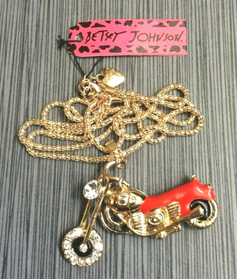 Betsey Johnson Crystal Red Enamel Motorcycle Pendant on Gold Chain Necklace New!