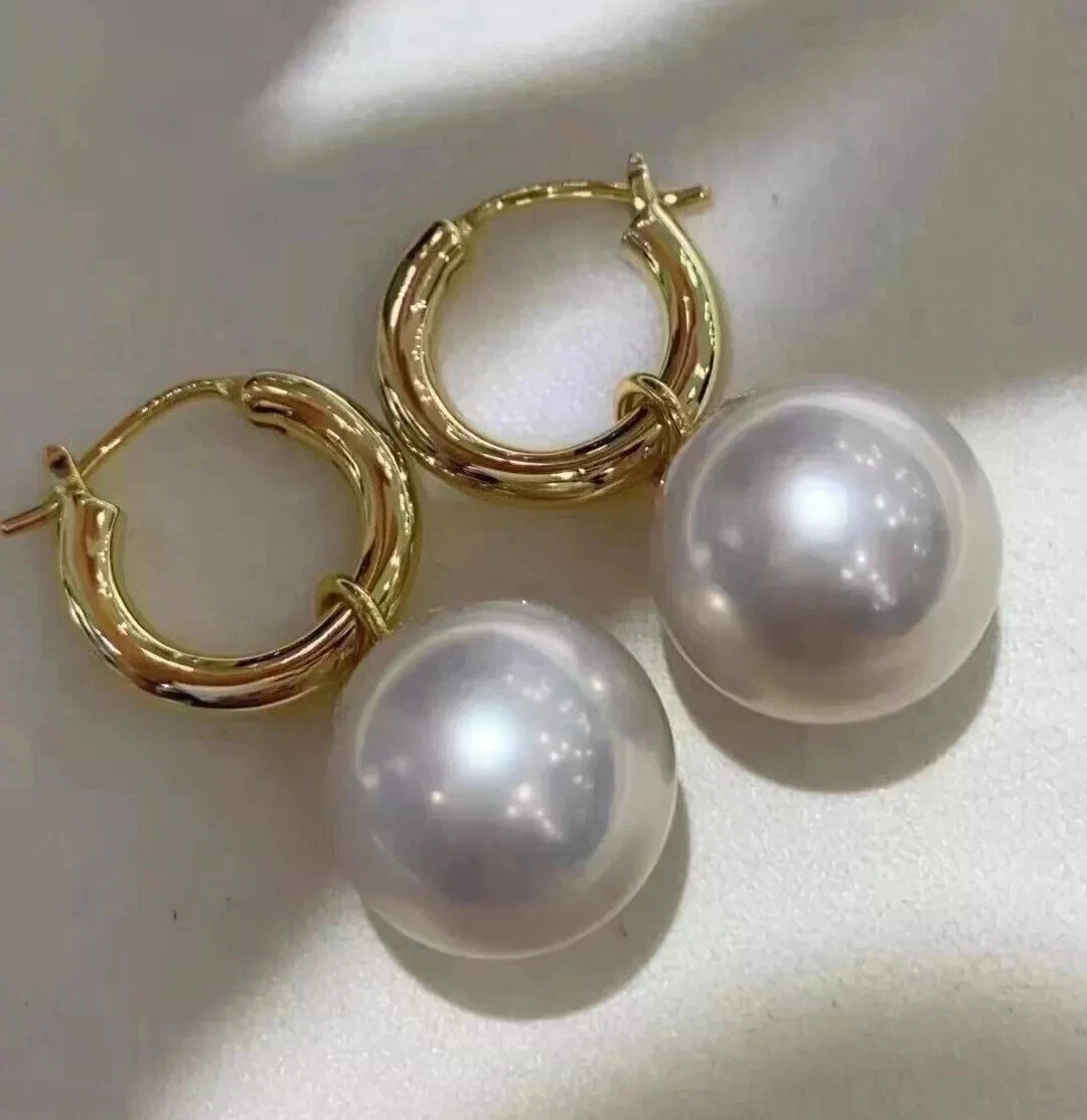 huge natural 13-14 mm round South Sea white Pearl Earrings 14K YELLOW GOLD