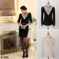 Women Floral Hollow Embroidered Top Beaded Rhinestone Lace Shirt Blouse