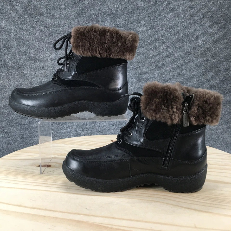 Botas de invierno impermeables rubias para mujer 8 W cuero negro sauce Sherpa con cordones Foto 2 de 4