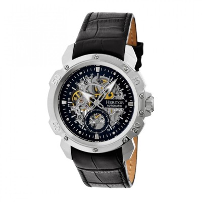 Heritor Automatic Conrad Skeleton Dial Black Leather Silver Men's Watch HR2504