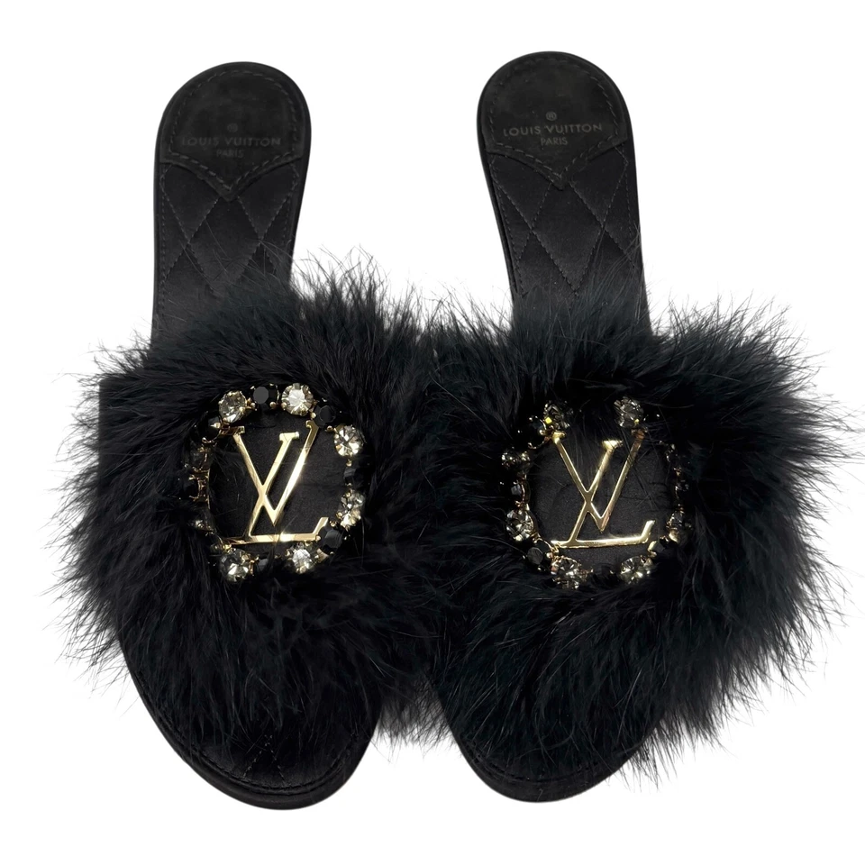 LOUIS VUITTON LV Bijou Logo Fur Sandals #37.5 Heels Rhinestone Black Satin - Image 2 of 4