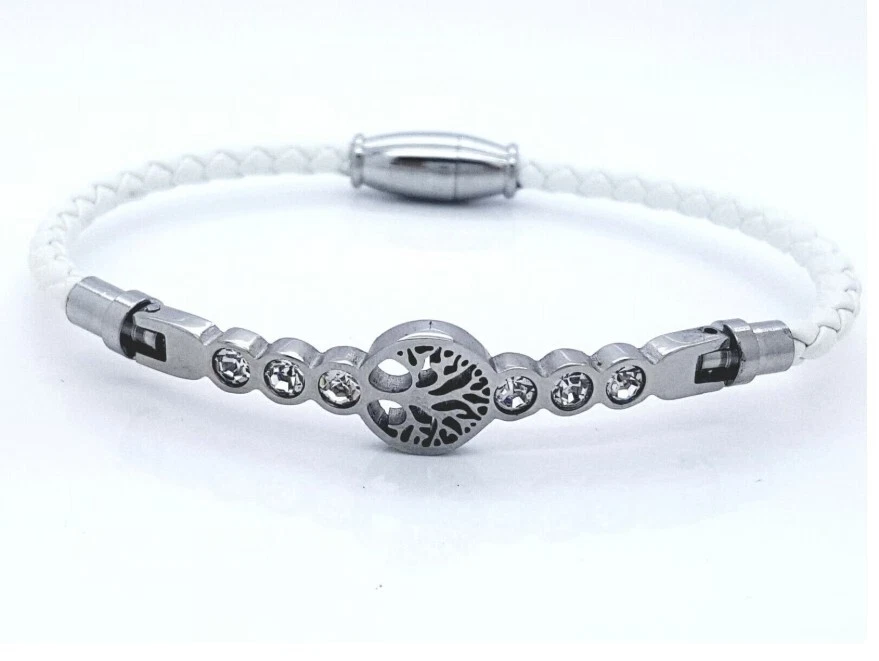 Pulsera Árbol de la Vida de Cuero Tejido para Mujer con Cierre de Acero Inoxidable Blanco 20cm Foto 4 de 4