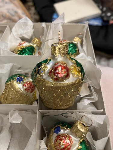 VINTAGE-NUOVA Scatola Da 12 Cesto Oro Fiori Vetro Ornamenti Natale Polonia - Foto 9 di 10