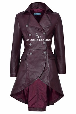 EDWARDIAN Damen Lederjacke Kirsche langer Rücken viktorianischer Gothic Mantel 3491