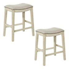 Saddle Wood Stool 24" Beige Fabric and Antique White Base and Nailheads 2 Pack