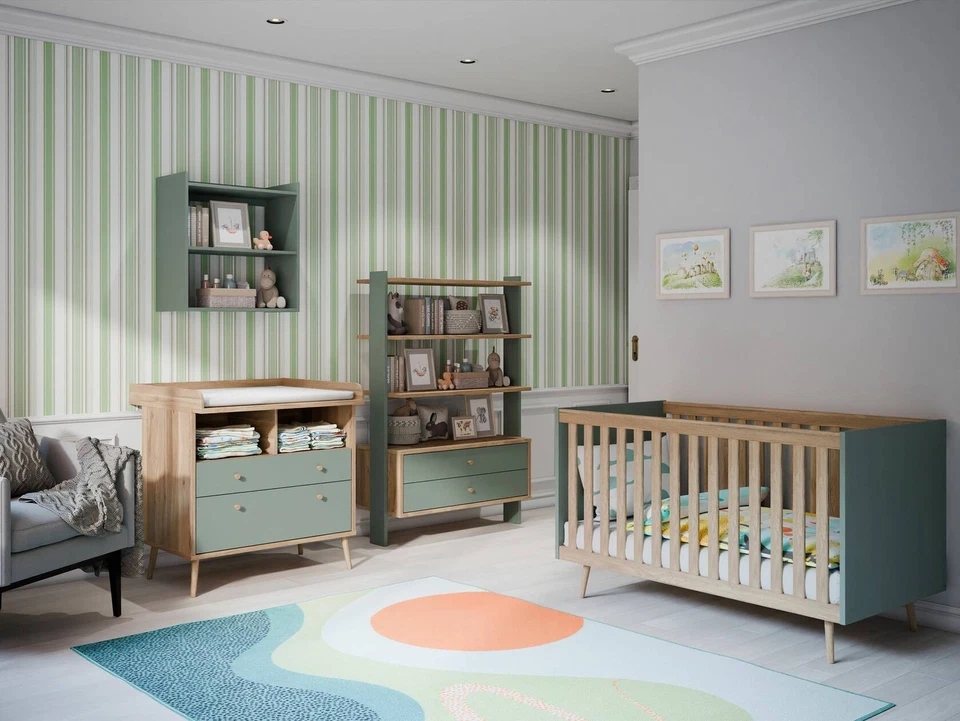 Kinderzimmer Babyzimmer Wickelkommode Bett Regal 4-tlg. WILMONA Eichefarbig Grün - Bild 2 von 4