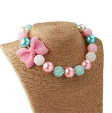 Girl Candy Beads Pink Rhinestone Bow Chunky Bubblegum Necklace 