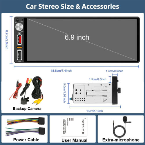 Single Din Car Stereo Apple CarPlay 6.9 touchscreen Bluetooth Radio USB - Picture 9 of 9