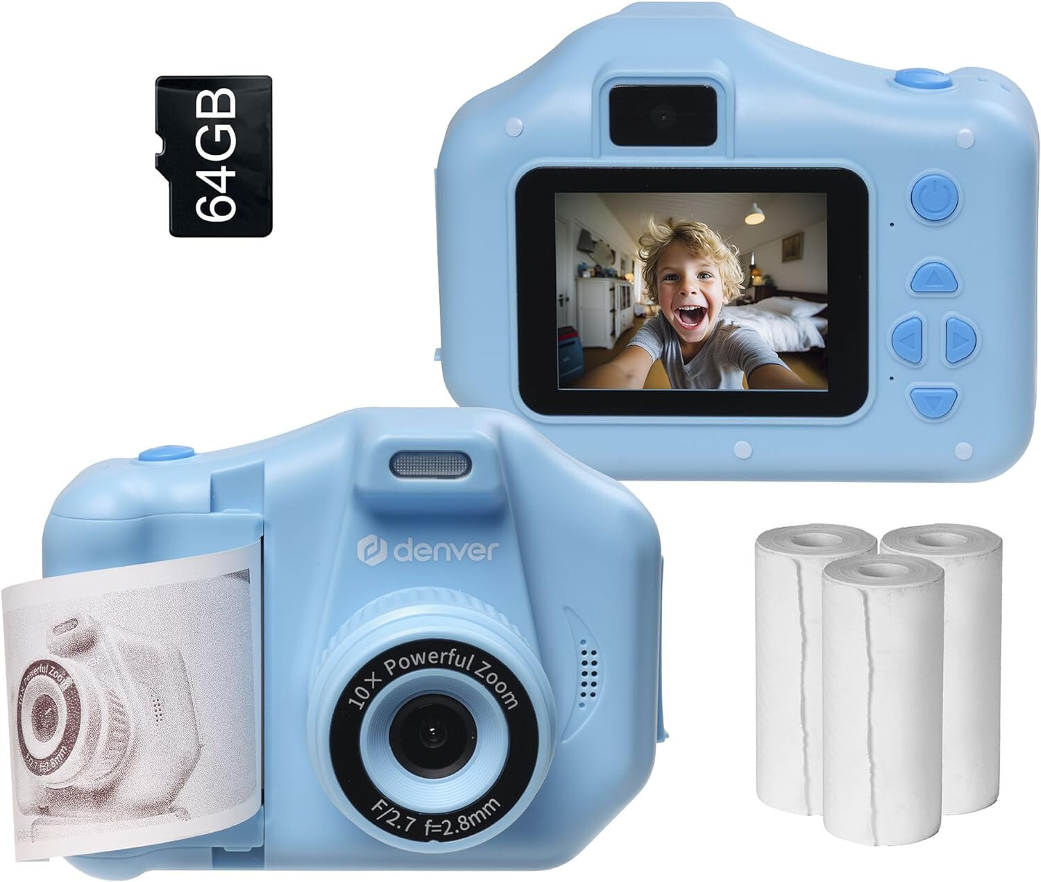 Kids Video Camera Instant Print  & Cartoon Frames 64GB SD Card Denver KPC-1370BU