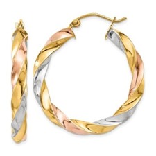 Real 14kt Tri-color Light Twisted Hoop Earrings