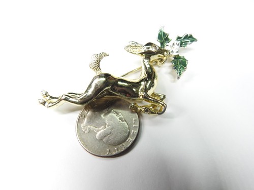 Clear Rhinestone Green Enamel Christmas Leaping Reindeer Brooch Vintage - Picture 3 of 4
