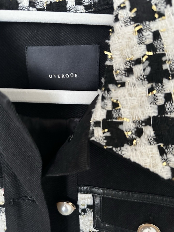 Uterque Zara Black Denim Dogtooth Jacket Small eBay