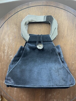cult gaia black horse hair leather hand bag with chunky handle new
