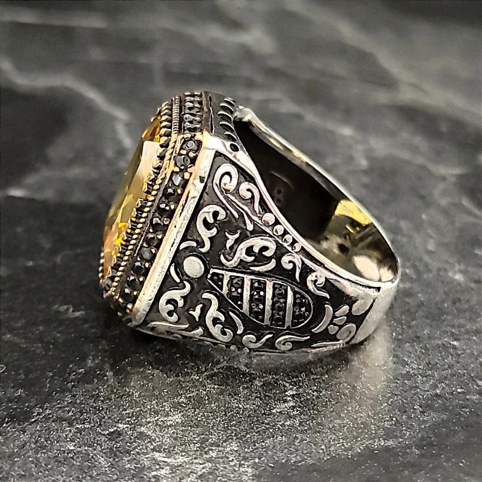 Мужское серебряное кольцо с желтым цирконием, серебряное кольцо с ярко-желтым драгоценным камнем - Изображение 4 из 4