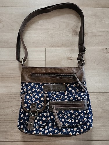 American Eagle Crossbody Blue Boho Floral Purse Zip Closure With Brown Leather
