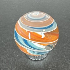 Contemporary Handmade Art Glass Marble 1.03" Blue Orange MIB Cane Twisty Swirl