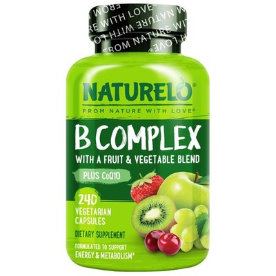 Vitamin B Complex 240 Capsules Vegan CoQ10 Methyl Folate Biotin NATURELO Fruit