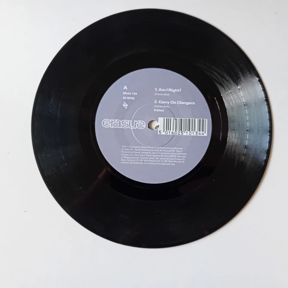 Erasure – Am I Right? Single Vinyl, 7", 45 RPM, 1991 - Image 3 of 4