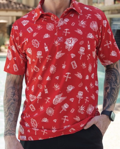 Dixxon “Party Boy” Polo Shirt Men’s Large Red All Over Print Sealed NIP Rare - Picture 1 of 7