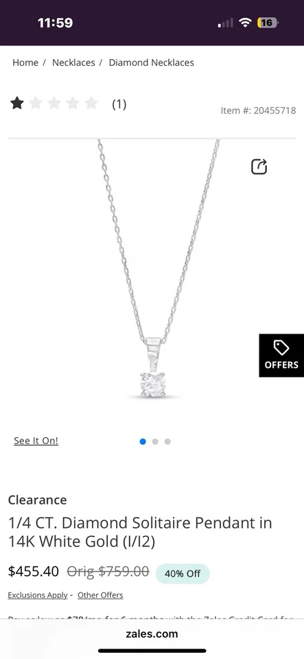 Collar solitario de diamantes de oro blanco de 1/4 quilate Zales Foto 3 de 4