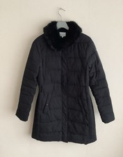 WAREHOUSE Black Puffer Jacket/Coat UK14 Faux Fur Collar. Excellent Condition