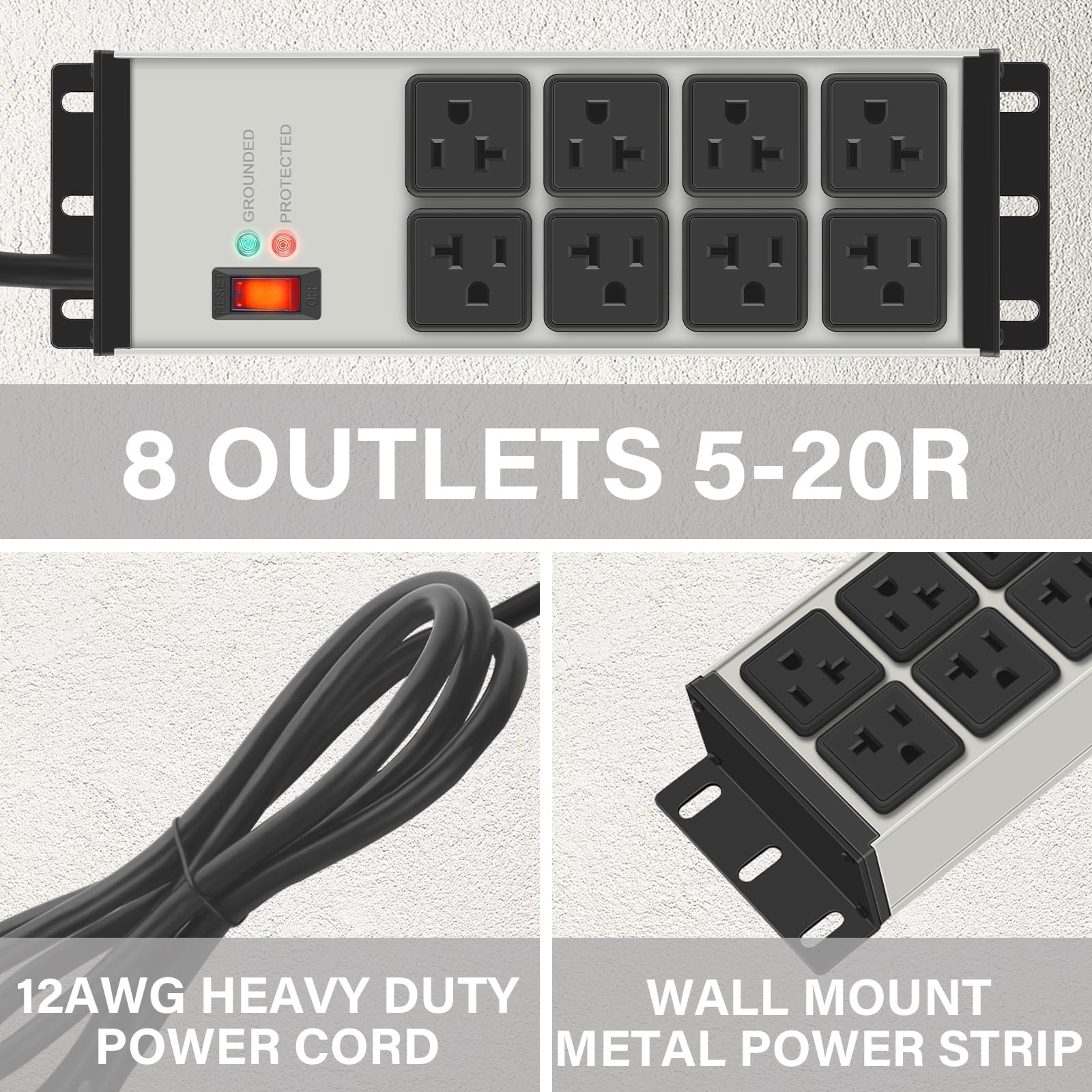 Black Heavy Duty Power Strip Surge Protector 20 AMP, 8 Outlets 12 Gauge Industri