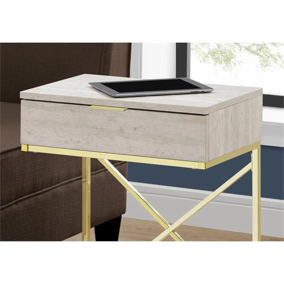 Accent Table Side End Nightstand Lamp Bedroom Metal Beige Marble Look - Image 3 of 4