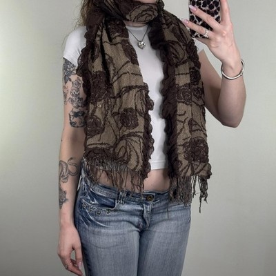 Y2K Vintage Blumen Glitzer Schal große Fransen hell dunkelbraun Muster