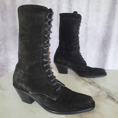 Joan David Tall Lace Up Black Suede Western Boots Womens Size 38 Square Toe