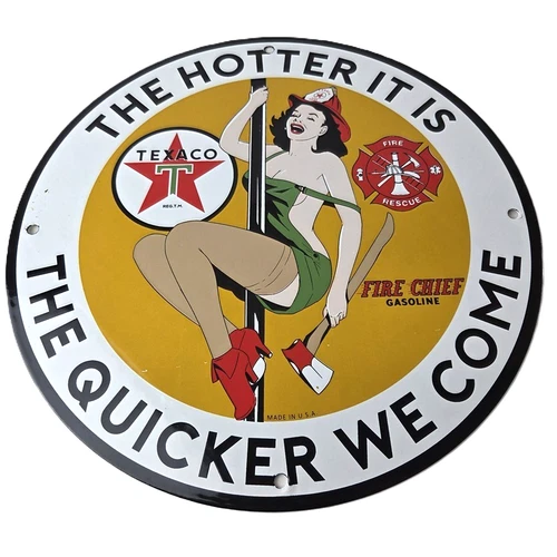 Vintage Texaco Gasoline Sign - Fire Pole Fire Chief Gas Pump Ad Porcelain Sign