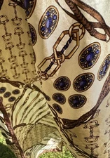 Vintage Adrienne Landau Studio Silk Scarf Brown, Tan & Blue 52.5x11” Equestrian