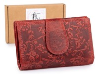 Ekavale Damen GeldböRse Portemonnaie Echtleder Blumenmuster Groß Vintage Rot