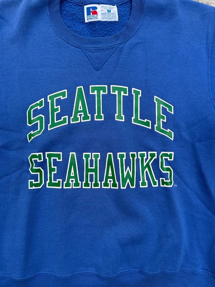 复古 80 年代 90 年代 NFL 西雅图海鹰队 Russell Athletic 男式运动蓝色圆领 — 第 3/4 张图片