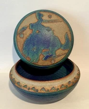 Ron Taylor RT Studio Pottery Bronco Cowboy Large Lidded Box Round Blue Green