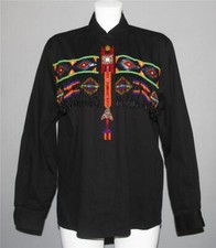 VTG Lew Magram Western Native Heavily Beaded Fringed L/S Black Shirt Wm's 10