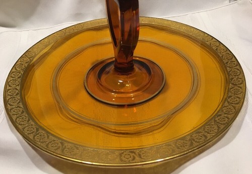 Vint Elegant Amber Gold Glass Sandwich Handled Party Tidbit Platter Tray* - Picture 6 of 9