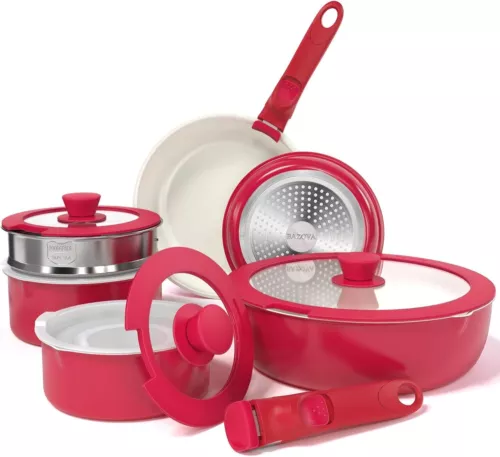 Bazova Healthy Ceramic Cookware Set, 13 Pieces - Red