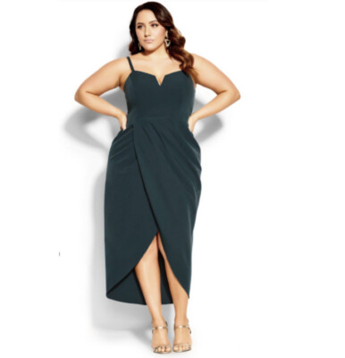 City Chic Sassy V Neck Midi Length Cocktail Dress In Emerald SZ 22 NWT