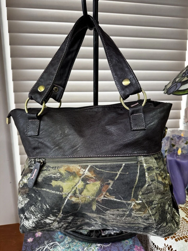 MOSSY OAK 100% 棉和皮革迷彩大号手提包,状况非常好 A++++ — 第 3/4 张图片