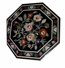 18" Black Marble Coffee Center Table Top Handmade Semi Precious Stones Inlay 