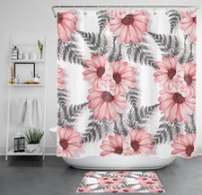 Tropical Plant Grey Leaf Pink Daisy Flower Shower Curtain Set for Bathroom Decor