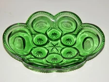 Vintage L.E. Smith Green Moon & Stars Oval Glass Candy Trinket Serving Dish Bowl