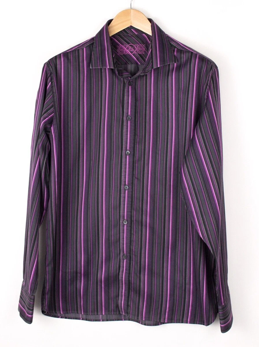Camicia Uomo Elasticizzata A Righe Viola E Bianco | Maniche Lunghe Con Bottoni Casual