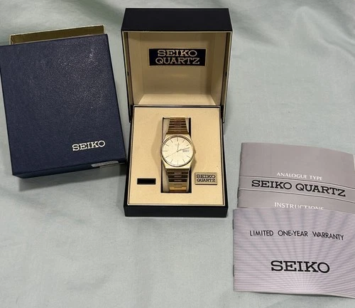 Vintage Seiko Quartz 6533-8009 Gold Tone Day-Date 33mm Watch w/ Box & Papers