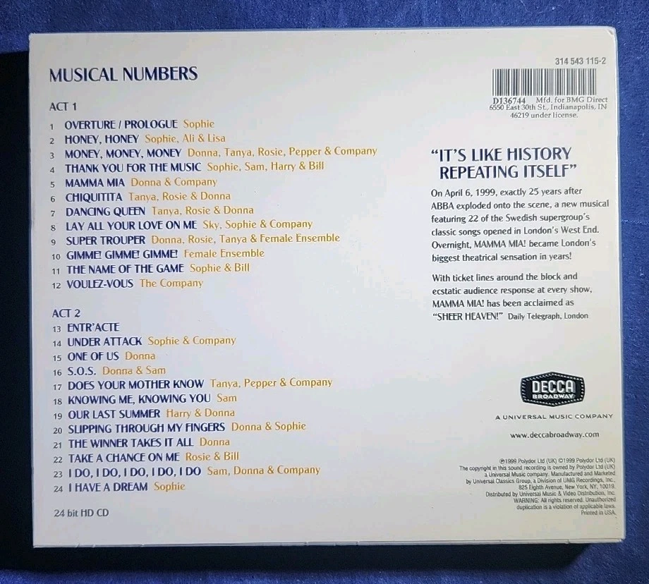 MAMMA MIA! - A DECCA BROADWAY ORIGINAL CAST ALBUM ( CD, 1999 ) ABBA Foto 2 de 4