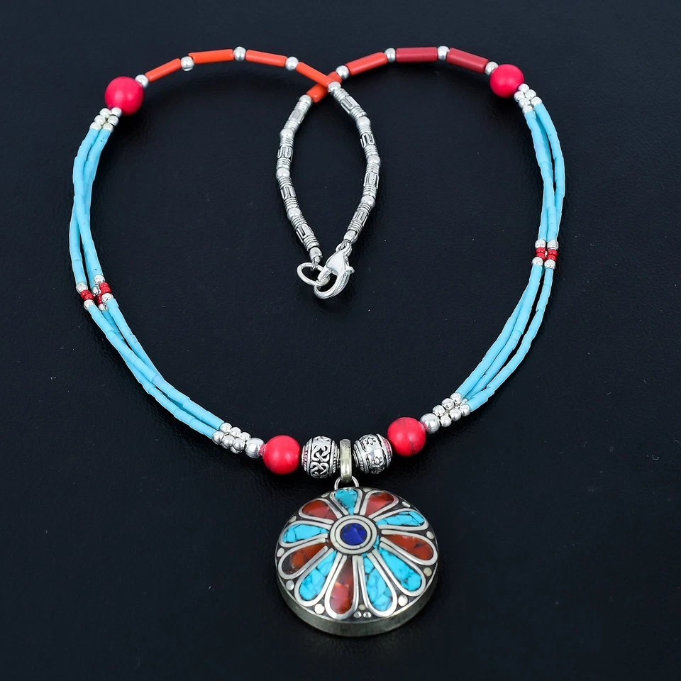 Collana di perline fatte a mano in argento sterling 925 corallo turchese... - Immagine 2 di 4