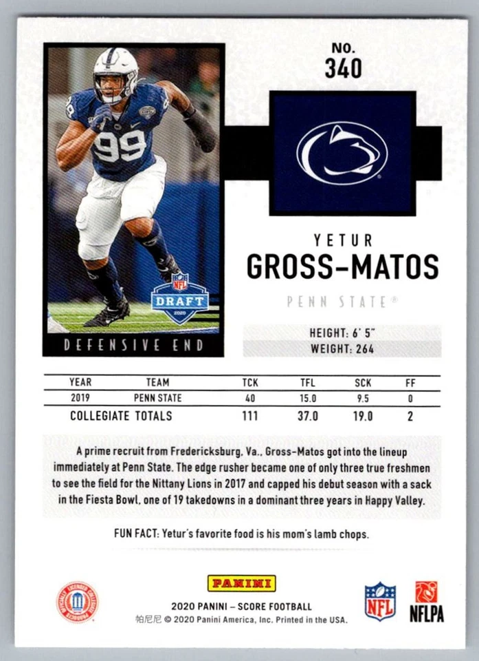 2020 Score Black Yetur Gross-Matos Penn State Nittany Lions #340 - Image 2 of 2