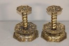 A FANTASTIC PAIR OF 17TH C EMBOSSED AND ENGRAVED BRASS MID DRIP CANDLESTICKS — photo 2